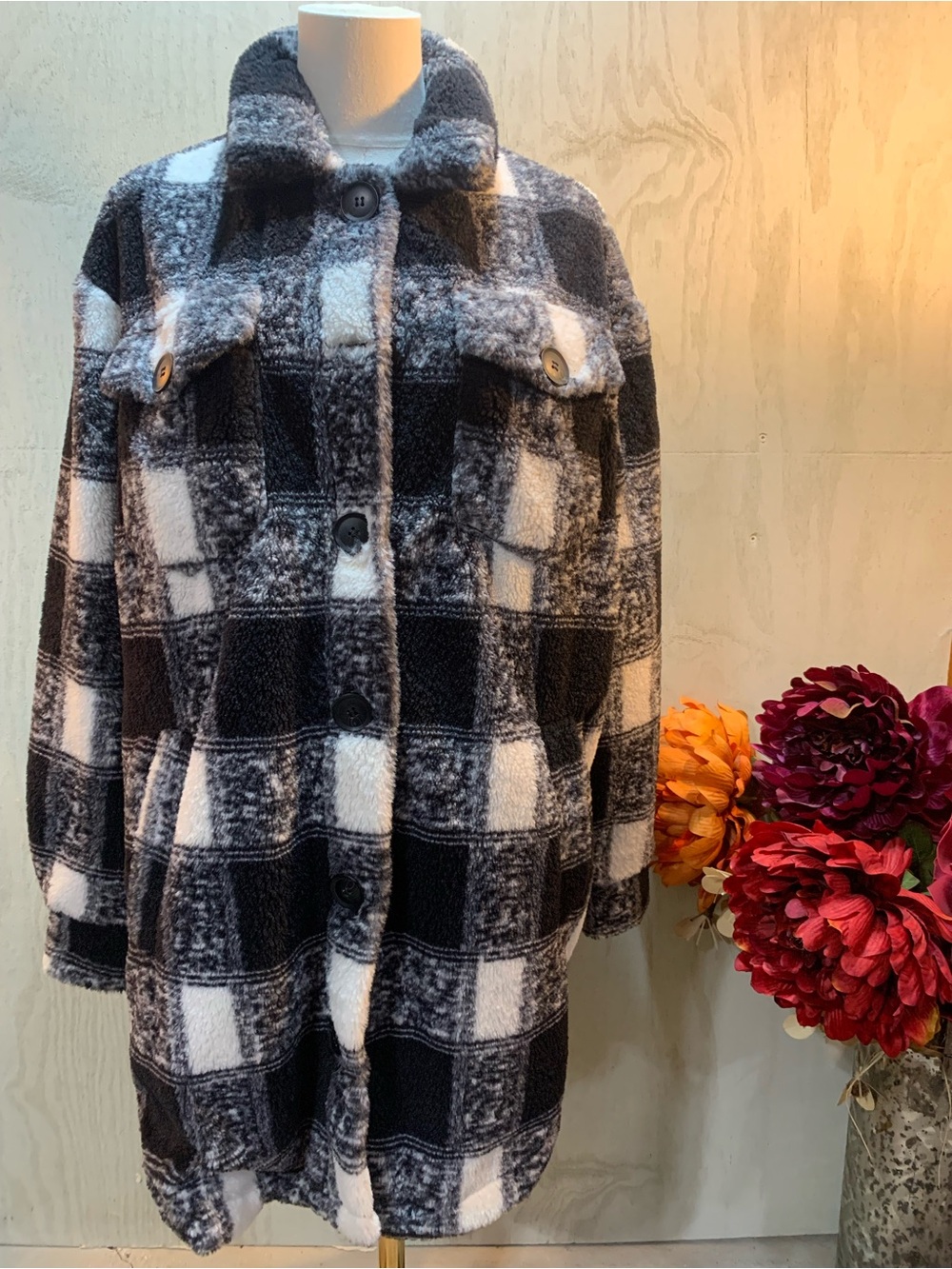 C&C California Black & White Plaid Teddy Shacket